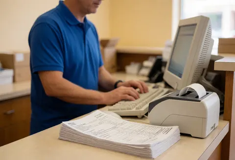 Un employé utilise un ordinateur et une imprimante dans un magasin de proximité, illustrant un service en action.