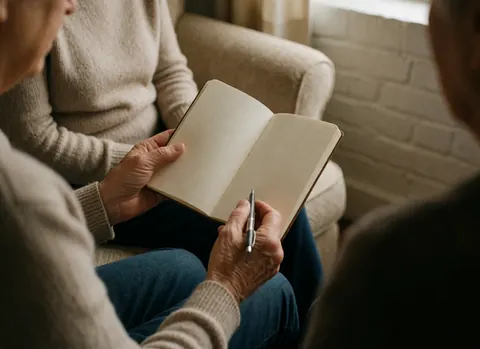 Des mains d'adulte tenant un stylo et écrivant dans un carnet ouvert posé sur une chaise, avec un mur de briques blanches en arrière-plan créant une ambiance intime.