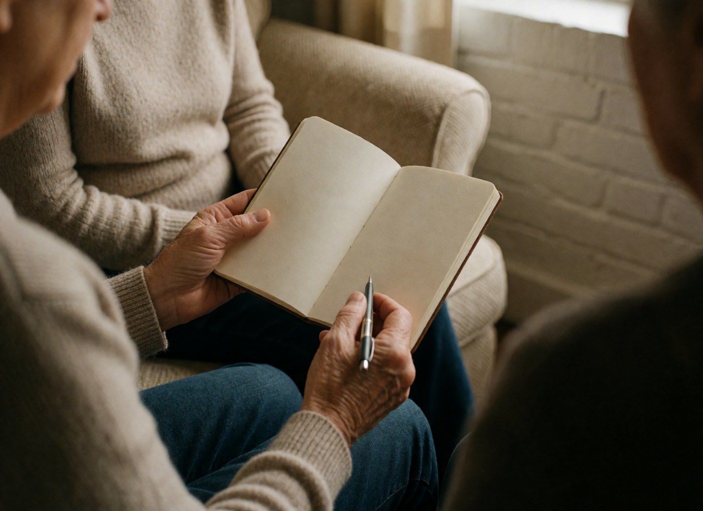 Des mains d'adulte tenant un stylo et écrivant dans un carnet ouvert posé sur une chaise, avec un mur de briques blanches en arrière-plan créant une ambiance intime.