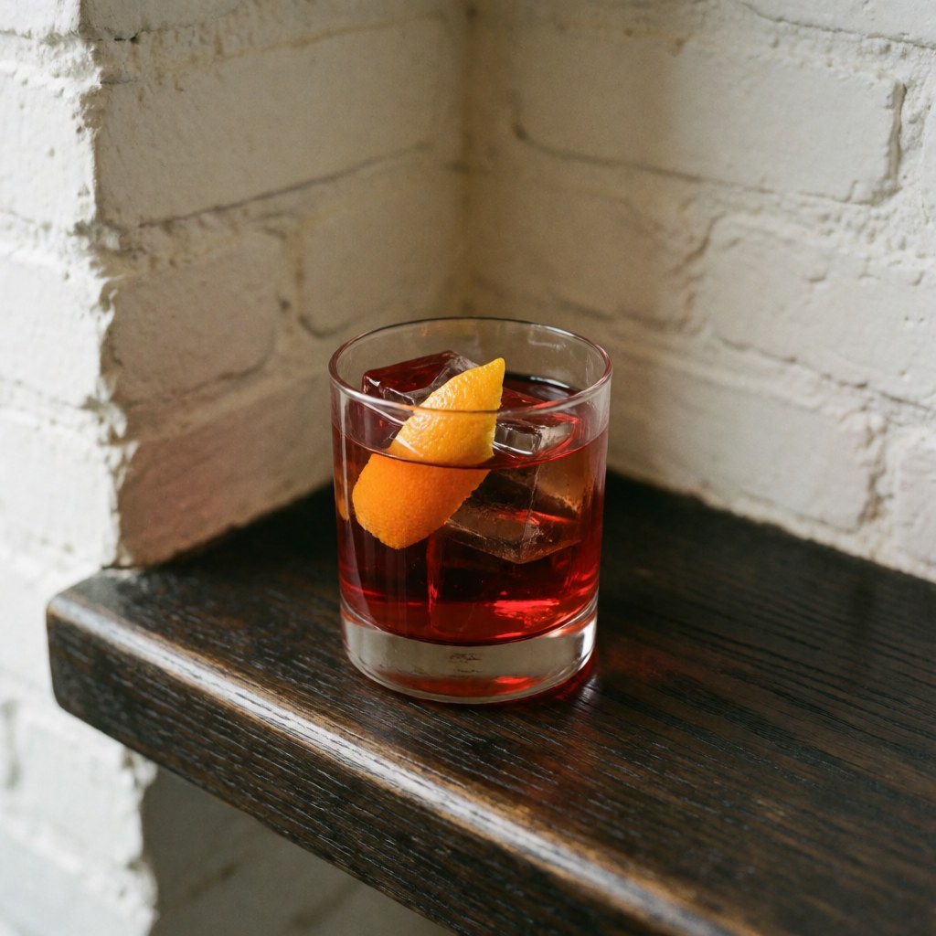 Un cocktail negroni classique servi dans un petit verre avec des glaçons et une tranche d'orange sur un fond sombre.