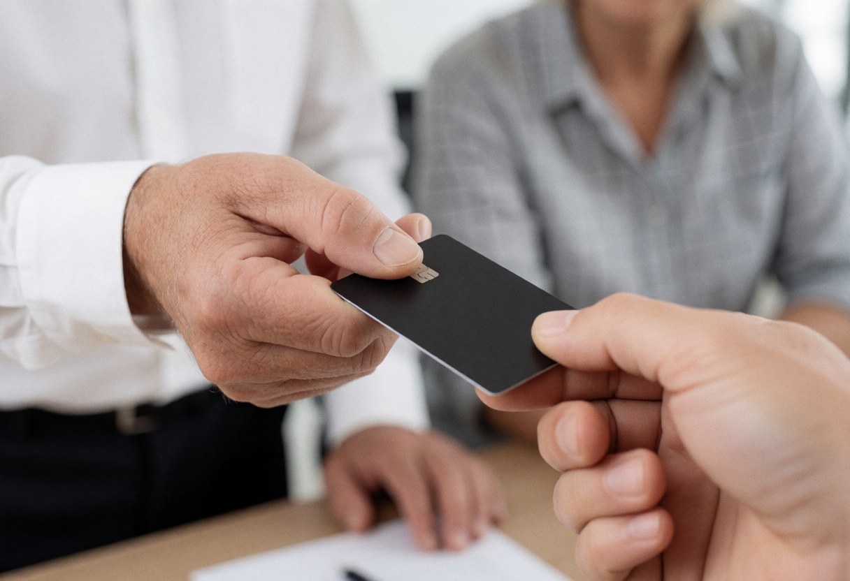 Un professionnel remet une carte de crédit à un client lors d'une transaction en agence bancaire.