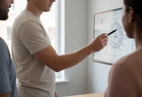 Un instructeur montre un diagramme technique sur un écran tactile avec un stylet pendant qu'un étudiant observe dans un bureau moderne et lumineux.