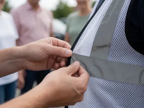 Gros plan sur des mains ajustant une bande réfléchissante sur un gilet en maille, dans un parking flou, mettant en valeur la sécurité et la qualité du matériel.