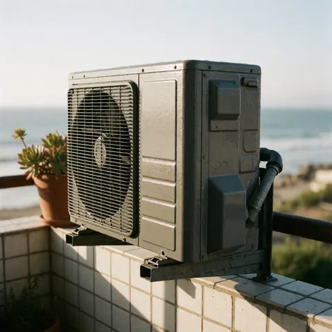 Vue d'une unité de climatisation extérieure posée sur un balcon en bord de mer, entourée de plantes succulentes et offrant une vue sur l'océan.