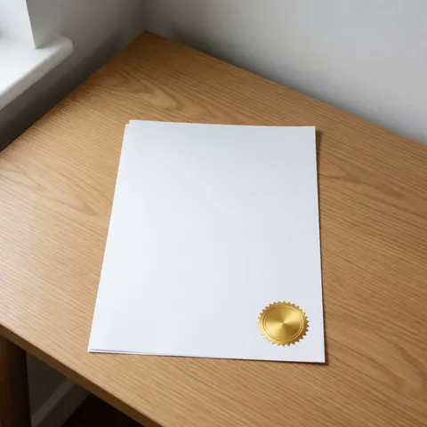 Vue aérienne d'un certificat professionnel doré posé sur un bureau en bois avec des détails visibles.