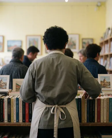 Employé de librairie portant un tablier, rangeant des livres sur une étagère. Murs jaunes, ambiance calme et professionnelle. Livres d'art visibles.