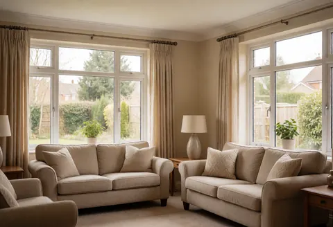 Intérieur résidentiel lumineux avec canapé beige, grandes fenêtres sur jardin, rideaux, lampes et plantes, ambiance calme et ordonnée.