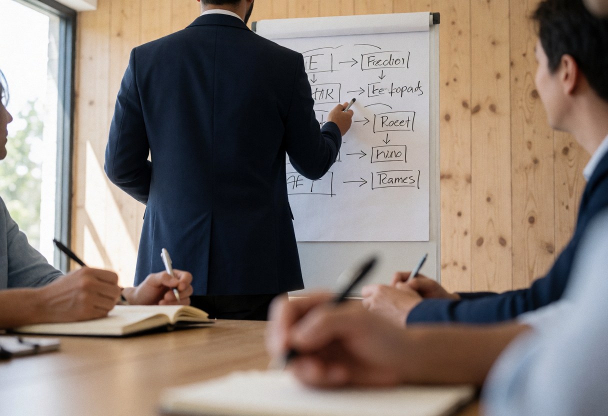 Un consultant en réunion explique un processus sur un tableau blanc tandis que des participants prennent des notes dans une salle moderne.