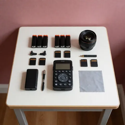 Ensemble complet d'équipements pour la création de contenu vidéo incluant caméra, batteries, cartes mémoire et accessoires disposés sur une surface blanche.