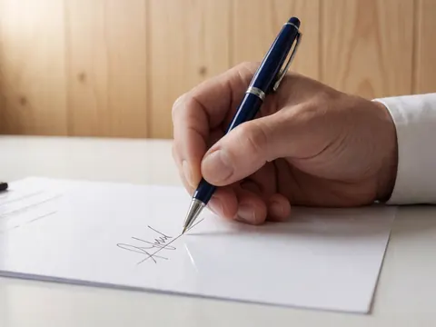 Main tenant un stylo bleu sur un document posé sur un bureau en bois clair, éclairage doux et professionnel pour le secteur juridique.