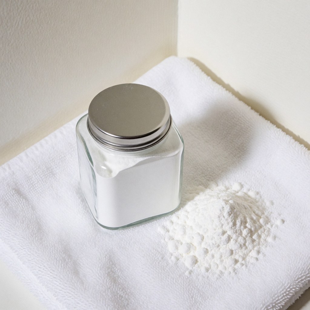 Une quantité de poudre de talc blanche déposée sur une serviette blanche, mettant en valeur la texture fine et pure du produit cosmétique.