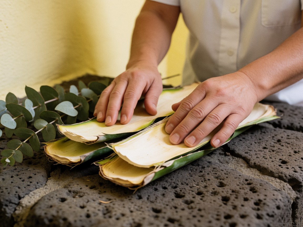 Des mains disposent des feuilles d'agave et des branches d'eucalyptus sur une pierre volcanique, évoquant une expérience de spa traditionnelle et naturelle.