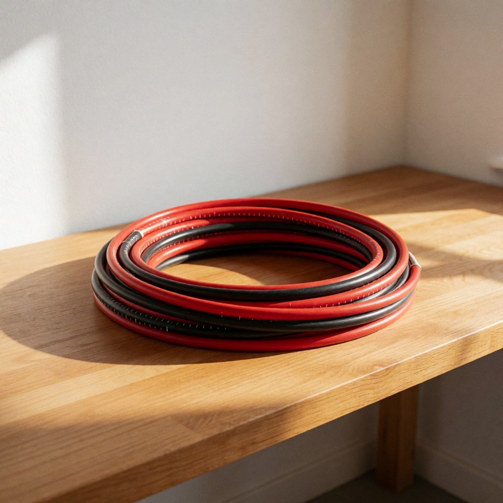 Des câbles électriques rouges et noirs sont disposés sur une surface en bois clair, baignés de lumière naturelle, prêts pour une installation.