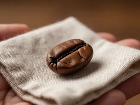 Un grain de café torréfié repose sur un tissu en lin, avec une lumière douce qui met en valeur sa texture et sa couleur marron foncé.
