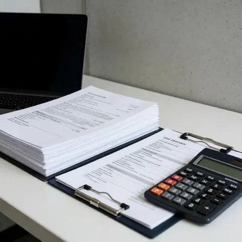 Pile de documents, calculatrice et ordinateur portable sur un bureau blanc avec mur en béton gris pour la comptabilité.