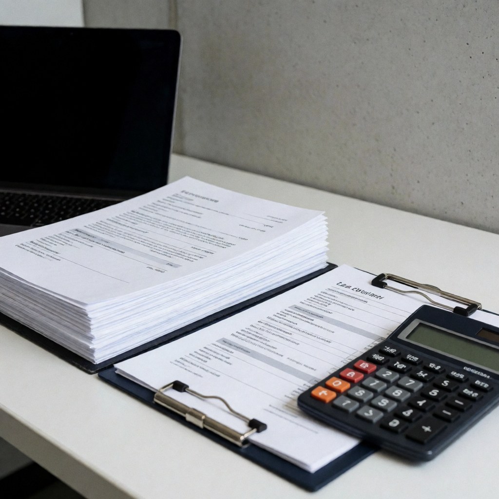 Pile de documents, calculatrice et ordinateur portable sur un bureau blanc avec mur en béton gris pour la comptabilité.