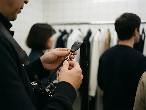 Un photographe professionnel ajuste la sangle de son boîtier en studio de mode, avec des cintres vêtus flous en arrière-plan.