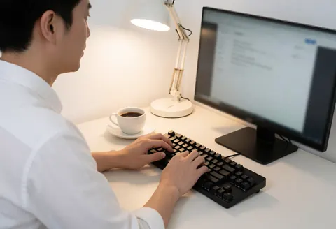 Un professionnel du marketing travaille sur son ordinateur portable avec un clavier mécanique, une tasse de café et une lampe de bureau dans un environnement de bureau moderne.