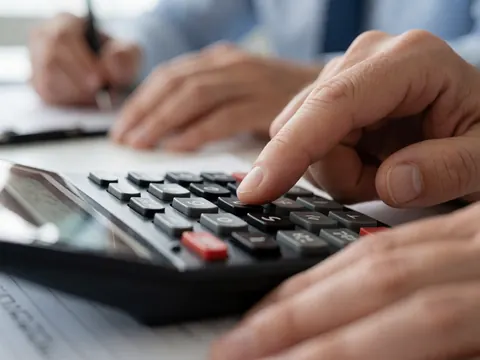 Gros plan sur un doigt appuyant sur une touche d'une calculatrice, symbolisant le calcul financier et la gestion des primes d'assurance en bureau.