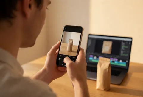 Un professionnel photographie un objet sur une table en bois avec un smartphone, une tablette et un ordinateur portable à proximité.