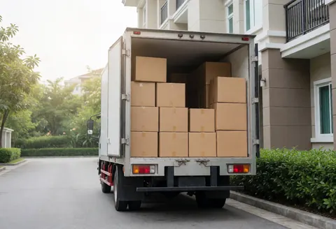 Un camion de déménagement stationné devant une maison, chargé de cartons organisés sous la lumière du matin, prêt pour le service.