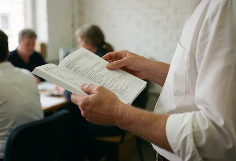 Un consultant lit un document ouvert dans un bureau aux murs en briques blanches avec une lumière naturelle douce.