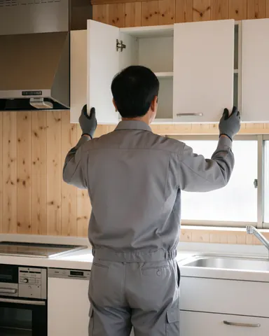 Un professionnel en uniforme installe des meubles de cuisine en bois dans une maison moderne avec lumière naturelle.