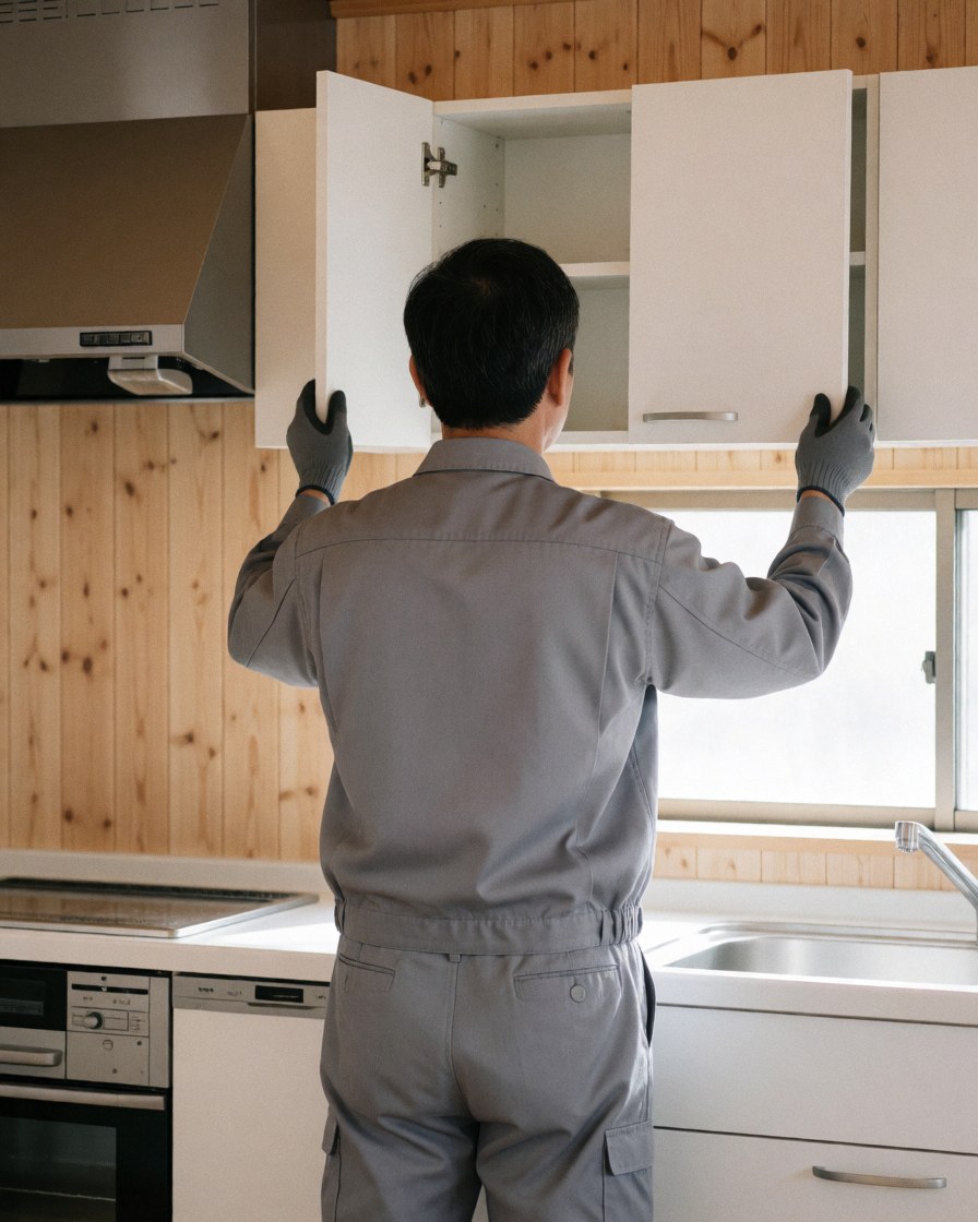 Un professionnel en uniforme installe des meubles de cuisine en bois dans une maison moderne avec lumière naturelle.