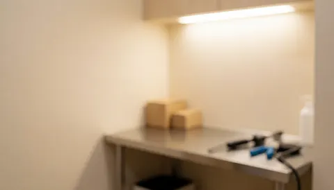 Arrière-plan flou d'un salon de toilettage pour chiens avec table en acier, outils et murs beige, idéal pour textes et publicité.