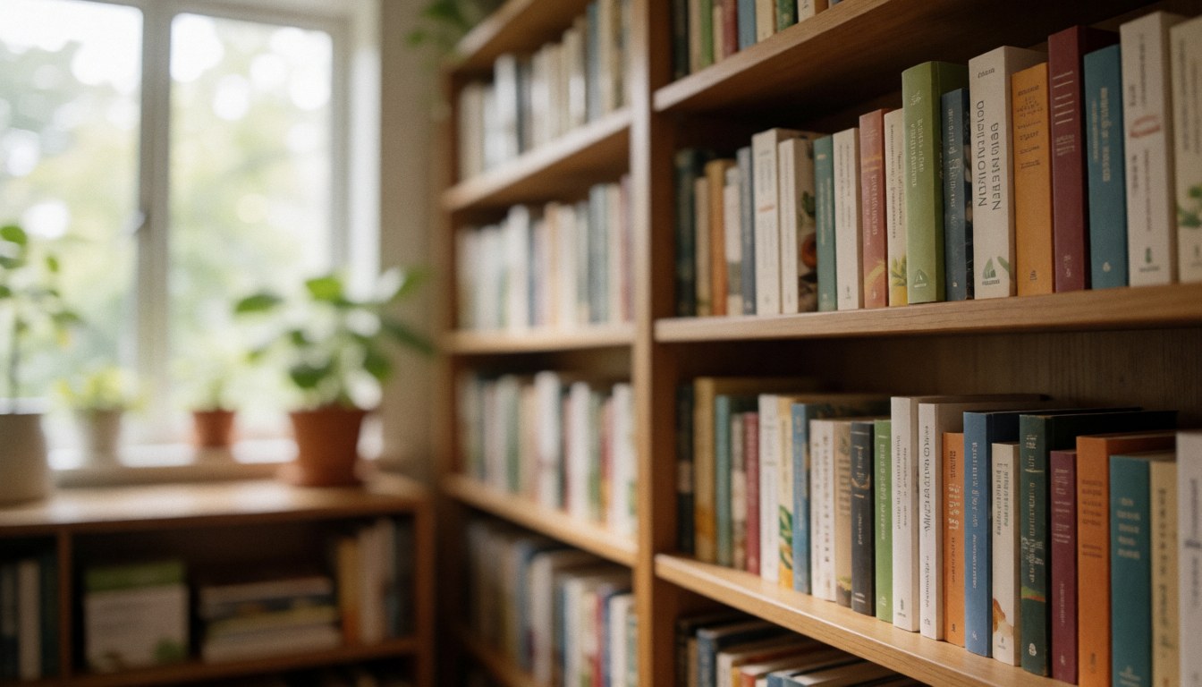 Une bibliothèque remplie de livres sur la nutrition, la santé et le bien-être, offrant un fond textuel idéal pour les entreprises.