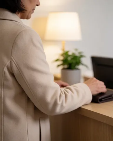 Client satisfait quittant l'établissement après une prestation de service.