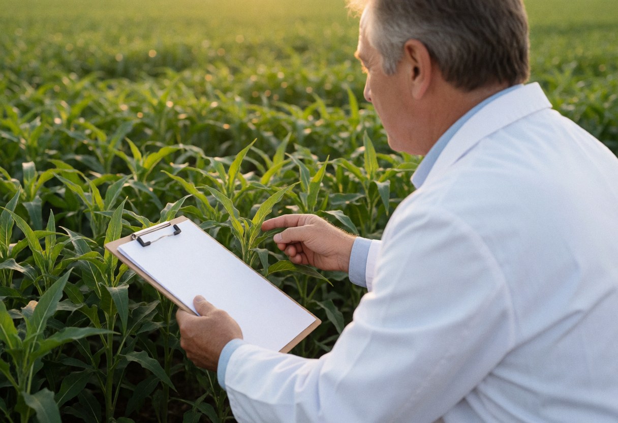 Un agronome en blouse blanche inspecte des plantes dans un champ vert, tenant un classeur et pointant une plante au coucher du soleil.