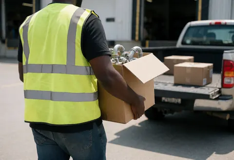 Un employé de magasin de bricolage charge une caisse contenant des accessoires de plomberie vers une camionnette dans la zone de chargement, portant un gilet de sécurité et un jean.