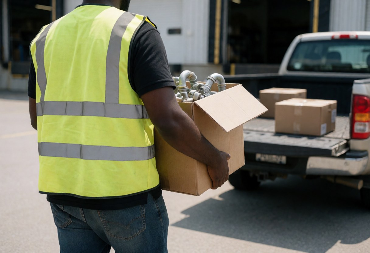 Un employé de magasin de bricolage charge une caisse contenant des accessoires de plomberie vers une camionnette dans la zone de chargement, portant un gilet de sécurité et un jean.