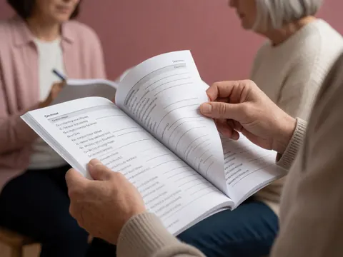 Des mains d'adulte parcourant les pages d'un livre de grammaire rempli d'exercices, sur fond rose, évoquant l'étude et l'apprentissage des langues.