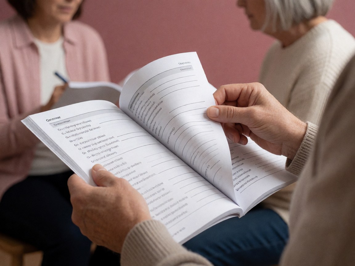 Des mains d'adulte parcourant les pages d'un livre de grammaire rempli d'exercices, sur fond rose, évoquant l'étude et l'apprentissage des langues.
