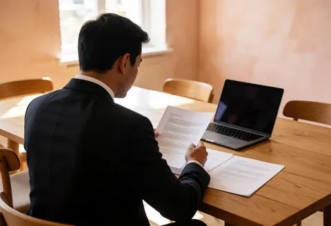 Un comptable en costume sombre vérifie des papiers sur une table en bois avec un ordinateur portable, dans un bureau professionnel éclairé par la lumière naturelle.