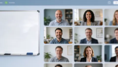 Interface d'appel vidéo affichant une grille de participants sur fond bleu et gris clair, évoquant un environnement professionnel calme pour des cours en ligne.