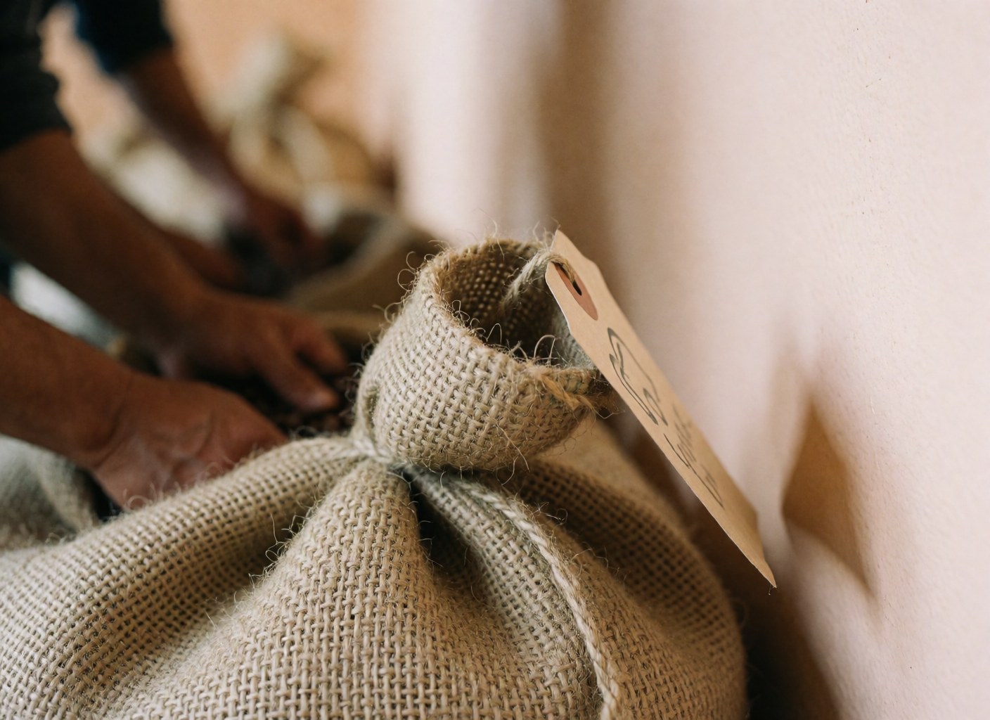 Détail d'un sac en toile avec étiquette blanche et corde épaisse, mains travaillant en arrière-plan sur fond beige, scène réaliste pour la finance et la banque.