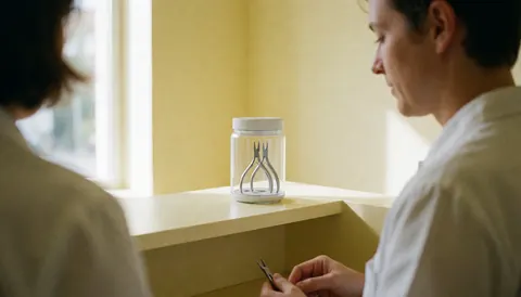 Une professionnelle des ongles travaille avec des outils sur un comptoir, éclairée par la lumière naturelle, dans un environnement professionnel et propre aux murs jaunes.