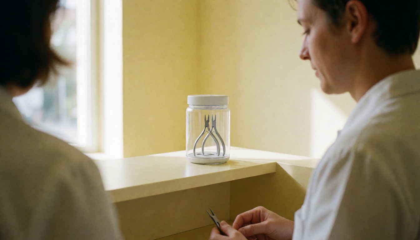 Une professionnelle des ongles travaille avec des outils sur un comptoir, éclairée par la lumière naturelle, dans un environnement professionnel et propre aux murs jaunes.