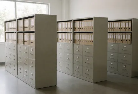 Des dossiers et des classeurs bien rangés sur des étagères dans un environnement de travail professionnel dédié à la comptabilité.