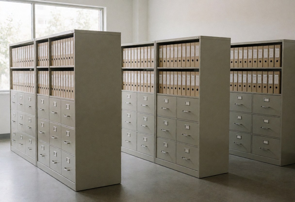 Des dossiers et des classeurs bien rangés sur des étagères dans un environnement de travail professionnel dédié à la comptabilité.