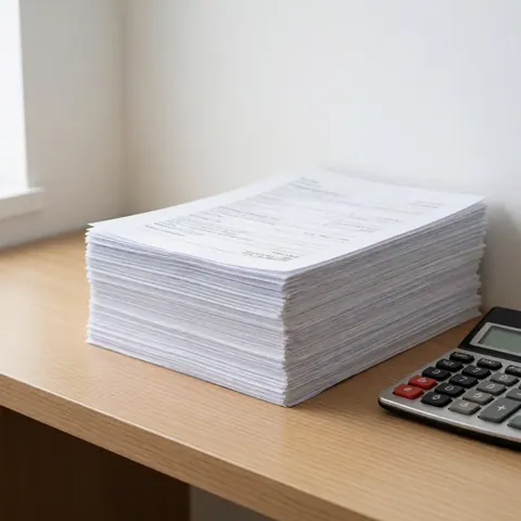 Une pile ordonnée de documents fiscaux et une calculatrice posées sur un bureau en bois clair, baignées de lumière naturelle, évoquant la gestion financière.