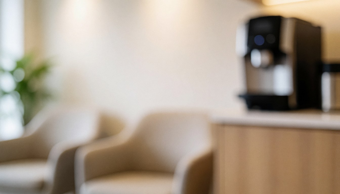 Intérieur d'un bureau apaisant avec des chaises et une machine à café, éclairage chaleureux et fond flou idéal pour du texte.