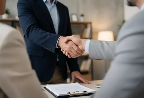 Deux professionnels signent un document dans un bureau moderne avec des étagères en arrière-plan et une lumière chaleureuse.