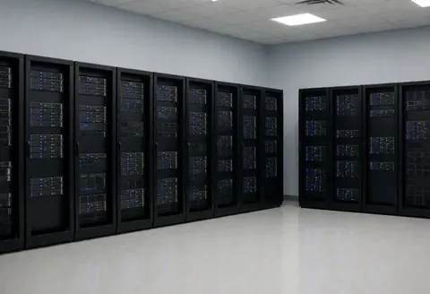 Salle de serveurs vide présentant des rangées de baies noires, éclairage LED, sol réfléchissant et murs gris, idéale pour les startups technologiques.