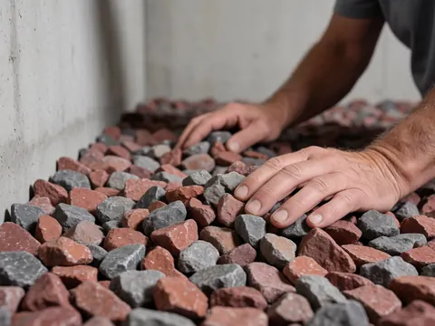 Des mains de travailleur déposent du gravier rouge et gris sur un sol en béton, révélant une texture naturelle sous une lumière vive.