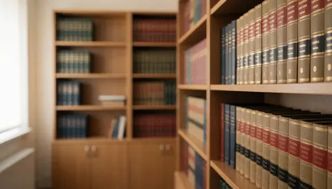 Rangements remplis de volumes juridiques dans un bureau professionnel servant de fond neutre pour du texte.