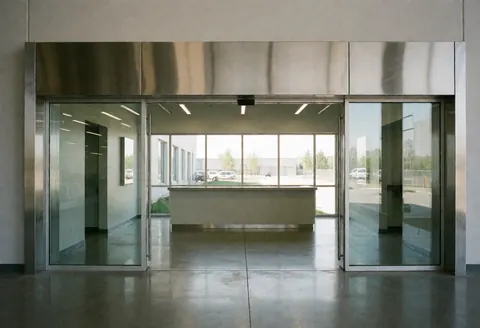 Façade contemporaine en métal et grandes baies vitrées laissant entrer la lumière naturelle sur un sol poli et une réception accueillante.